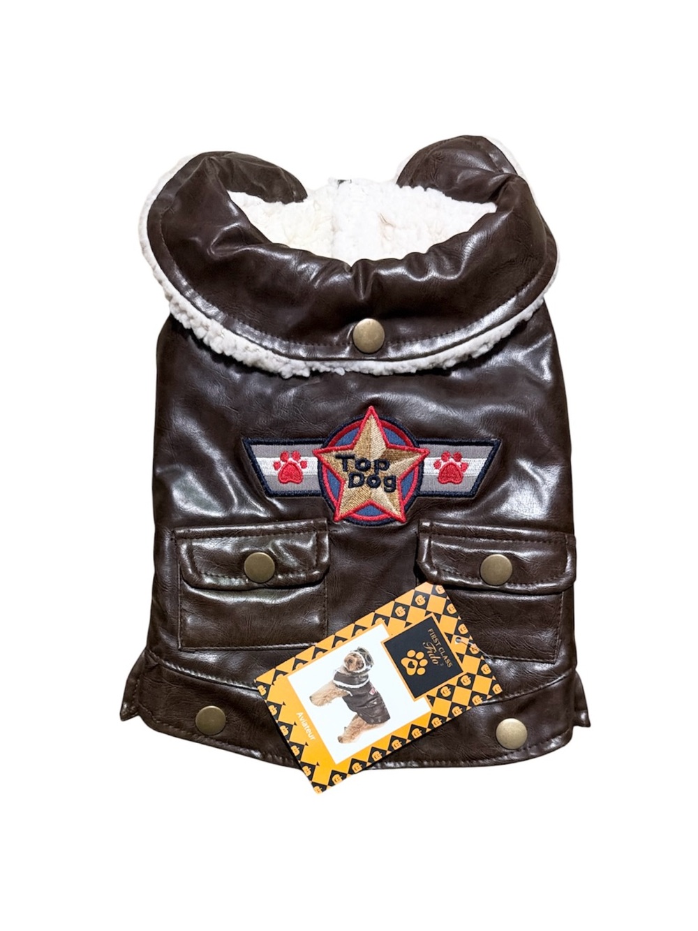 First Class Fido XS Dog Aviator Jacket NWT Brown Faux Leather Sherpa
